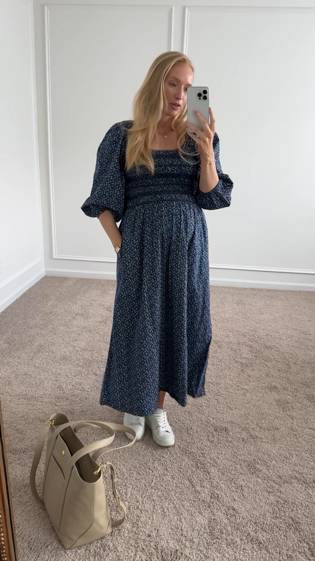 Comfy + bump friendly dress that is perfect for now and later into fall! You can wear a regular bra with it too 👏🏻 stopped it here as a cute mom on the go outfit with my favorite white sneakers and function leather tote bag

#LTKSeasonal #LTKBump