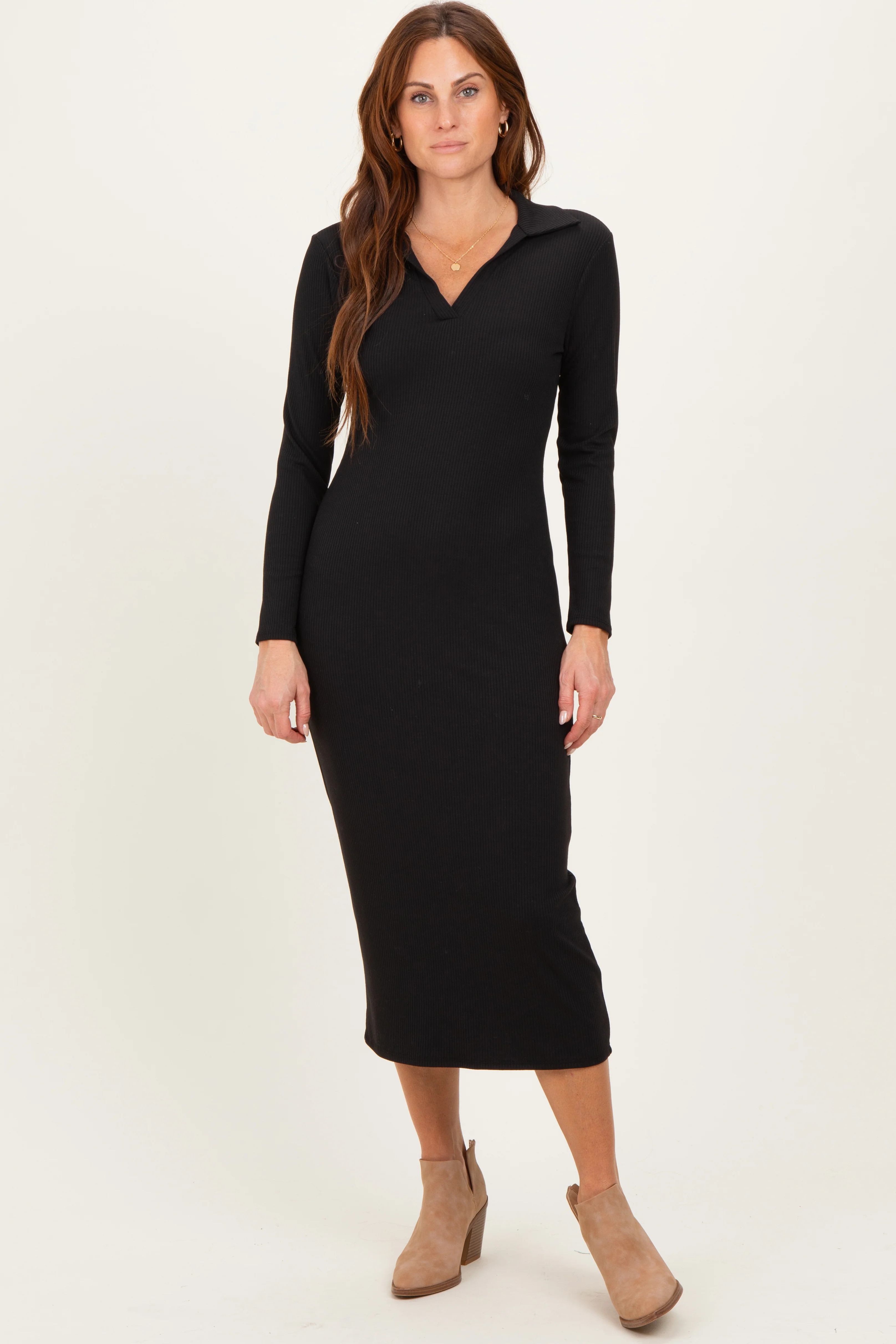 Black Ribbed Collared Long Sleeve Midi Dress - Medium | PinkBlush Maternity