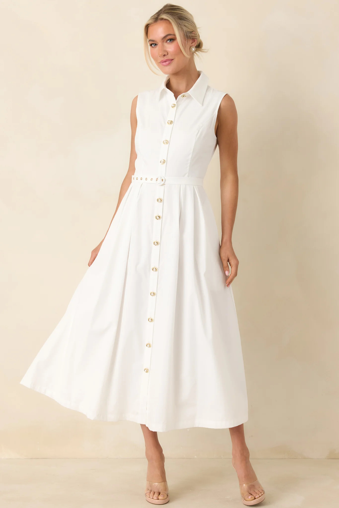 What Can I Say White Cotton Sleeveless Button Front Belted Maxi Dress | Red Dress