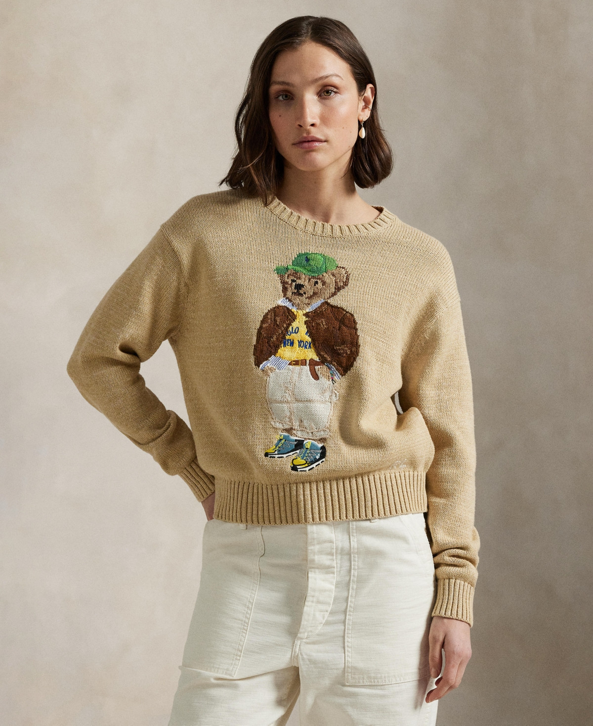 Polo Ralph Lauren Women's Polo Bear Cotton Crewneck Sweater - Tan Multi | Macy's
