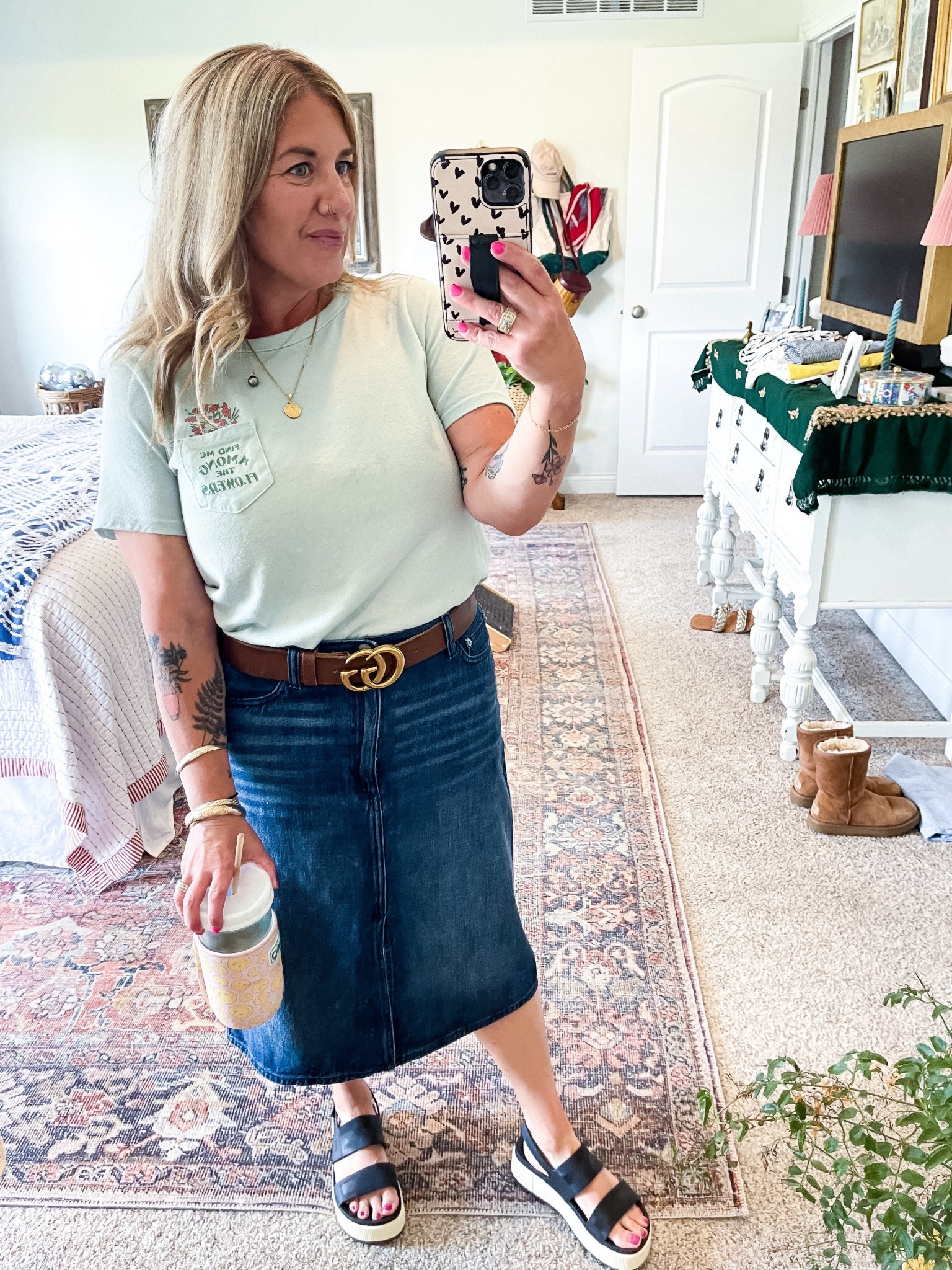 Casual summer outfit. Denim skirt, graphic tee, Reef platform sandals, Gucci belt.

#LTKOver40 #LTKShoeCrush #LTKMidsize