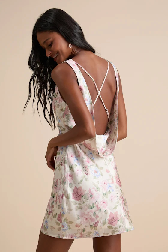 Coralise Cream Floral Satin Cowl Back Mini Dress | Lulus