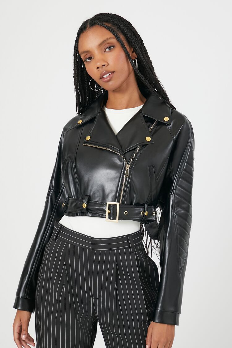 Women's Cropped Faux Leather Moto Jacket in Black, XS | Forever 21