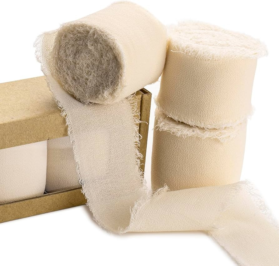 Chiffon Ribbon, 3 Rolls Champagne Handmade Fringe Chiffon Silk Ribbon 1.5" x 7Yd Ribbons Set for ... | Amazon (US)