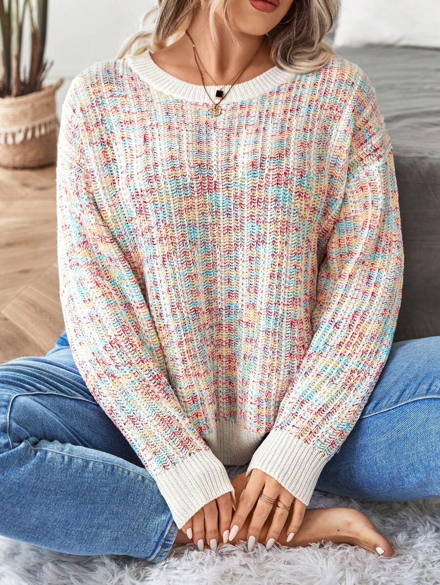 LocalCalvaya Plus Space Dye Drop Shoulder Sweater, For Winter Knit Pullover Fall Sweater | SHEIN