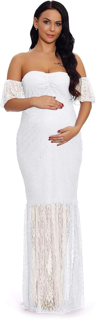 ZIUMUDY Women's Off Shoulder Ruffle Sleeve Lace Mermaid Maternity Baby Shower Gown Maxi Photograp... | Amazon (US)