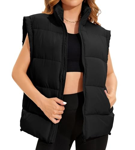 Polu Womens Puffer Vests Oversized Outerwear Vests Stand Collar Sleeveless Padded Down Jackets with Pockets(Black,S) | Amazon (US)