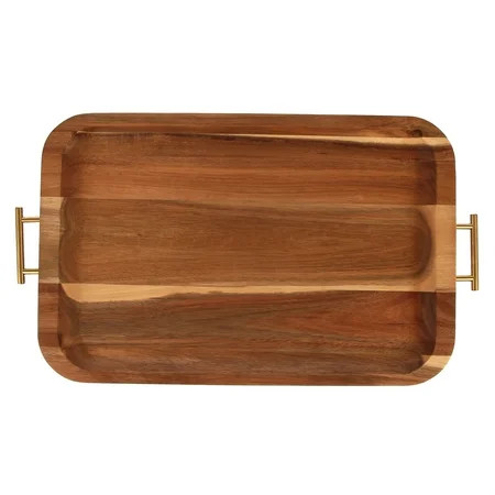 Better Homes & Gardens Acacia Wood Serving Tray with Gold Handles | Walmart Online Grocery
