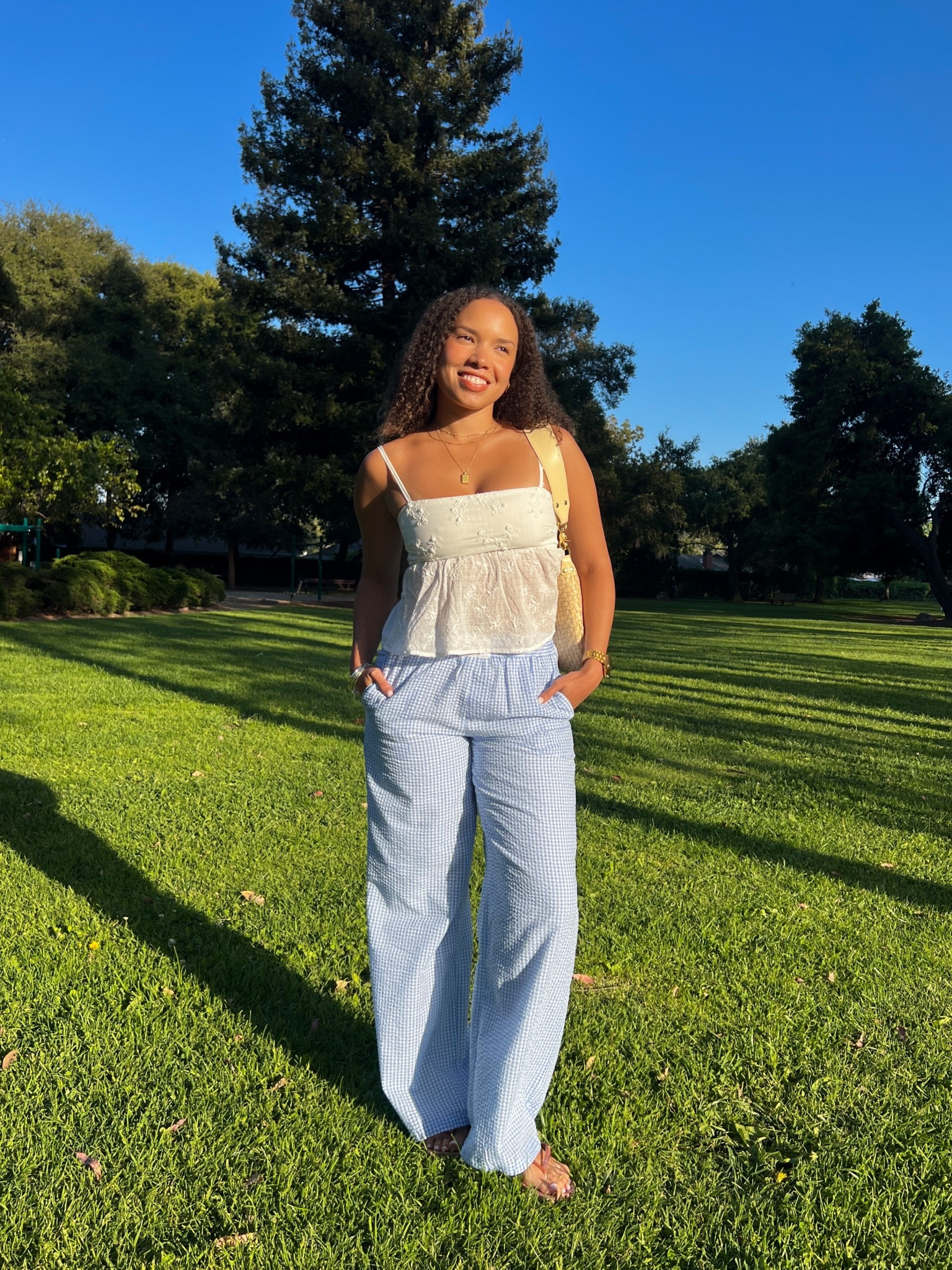 Spring summer casual outfit of the day wearing a white linen peplum top and blue gingham linen pants 🩵 use code “stylegoals” for a discount at city beach! 

#LTKStyleTip #LTKSummerEdit #LTKFindsUnder50