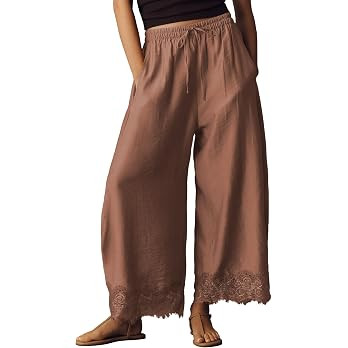 Womens Cropped Lace Hem Pants Flowy Wide Leg Casual Beach Trousers | Loose Lace Trim Balloon Pant... | Amazon (US)