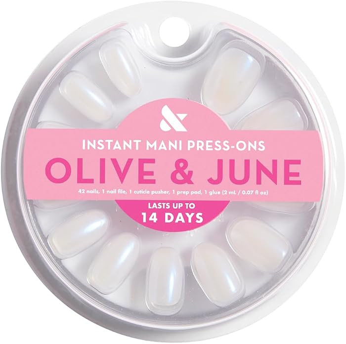 Olive & June Instant Mani Press-On Nails | (Glue) Medium, Oval 42 Fake Nails, 21 Sizes | Non-Toxic, Long-Lasting Recycled Materials Realistic Look | Salon-Quality at Home | Pink Goldfish | Amazon (US)