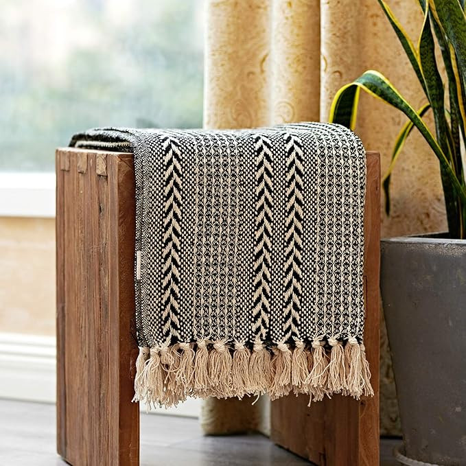 MOTINI 100% Cotton Decorative Blankets Cozy Black and Beige Throw Blankets, Hand-Knitted Striped ... | Amazon (US)
