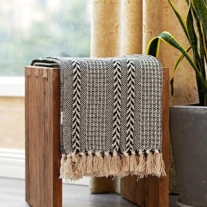 MOTINI 100% Cotton Decorative Blankets Cozy Black and Beige Throw Blankets, Hand-Knitted Striped ... | Amazon (US)