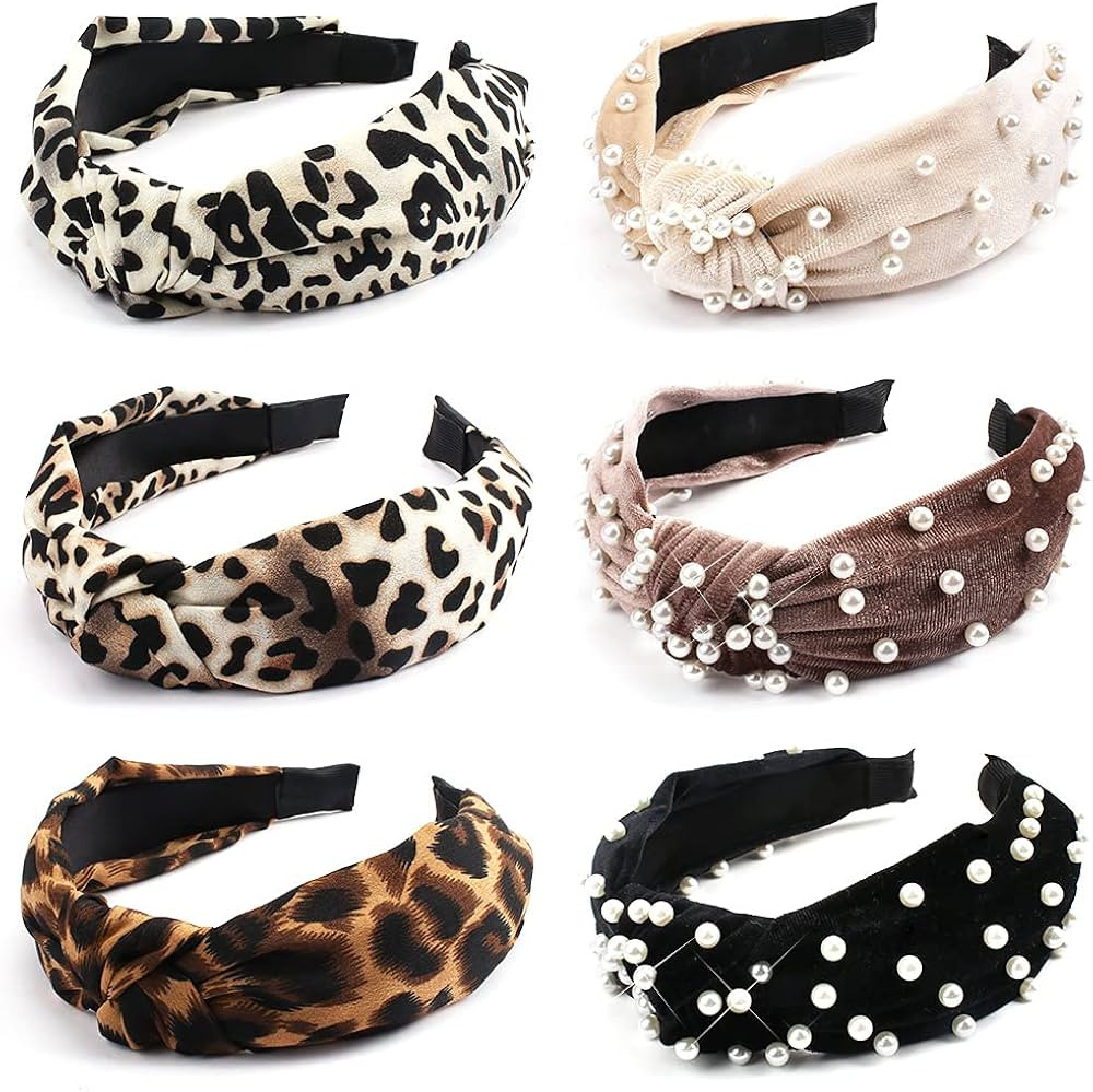 TOBATOBA Pearl and Leopard Print Headbands - Cute Beaded Wide Knot Hair Accessories for Women and... | Amazon (US)