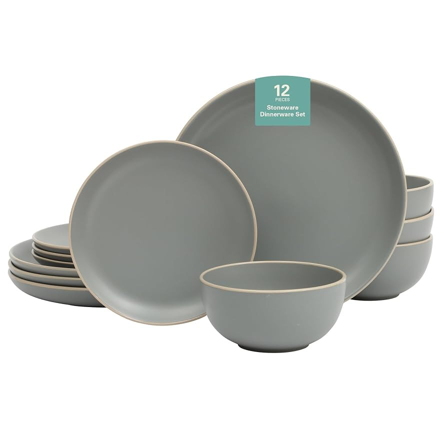 Gibson Home Rockaway 12-Piece Dinnerware Set Service for 4, Grey Matte - | Amazon (US)