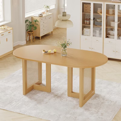 Spassway 67"L*33.5"W Oval Oak Wood Dining Table with Double Pedestal Modern Kitchen Table with Rattan Solid Wood Legs for Seats 6 Natural Wood | Target