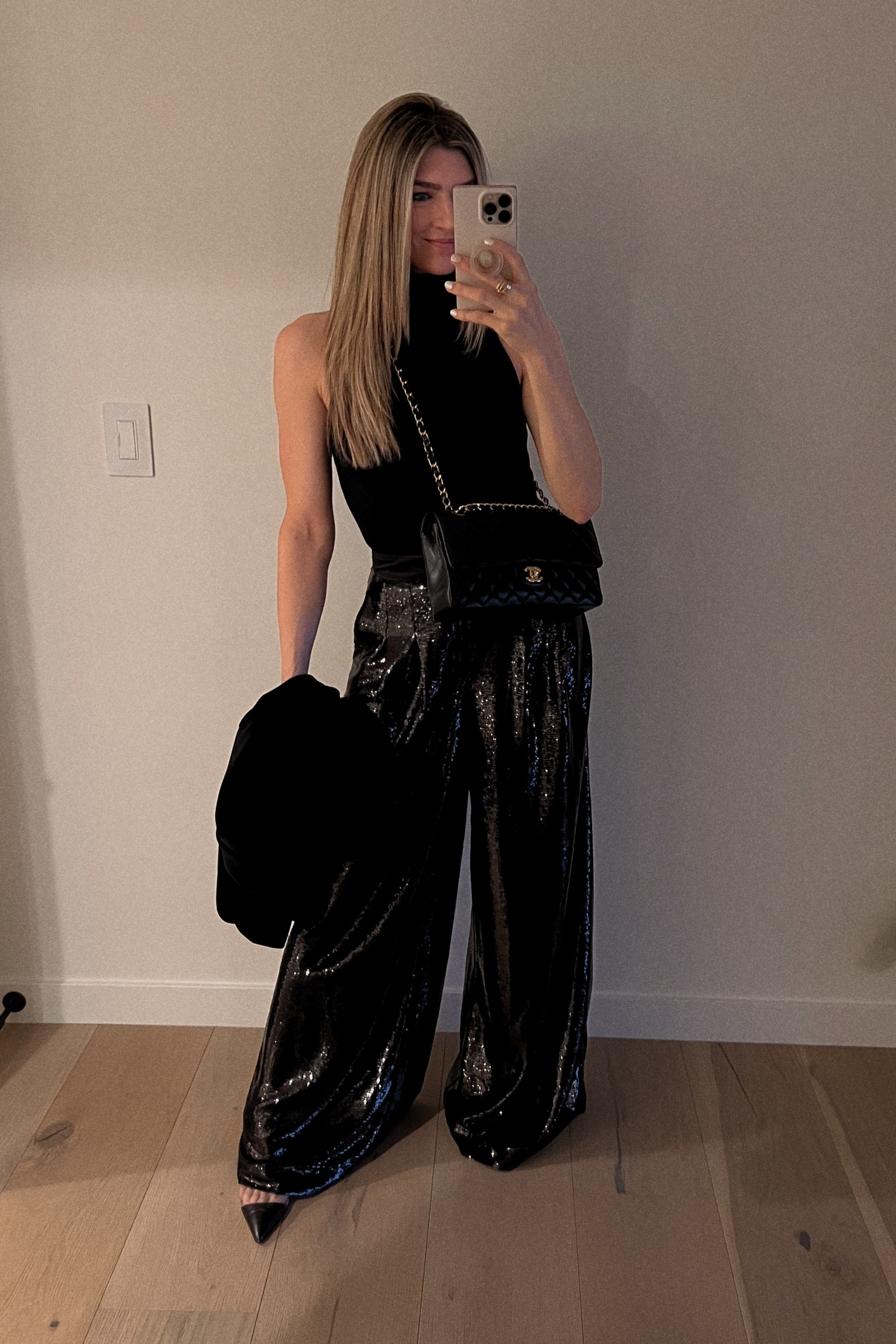 all black holiday evening look mixing alpaca, sequin, velvet and leather. quite the mix! 

#LTKparties #LTKHoliday #LTKshoecrush