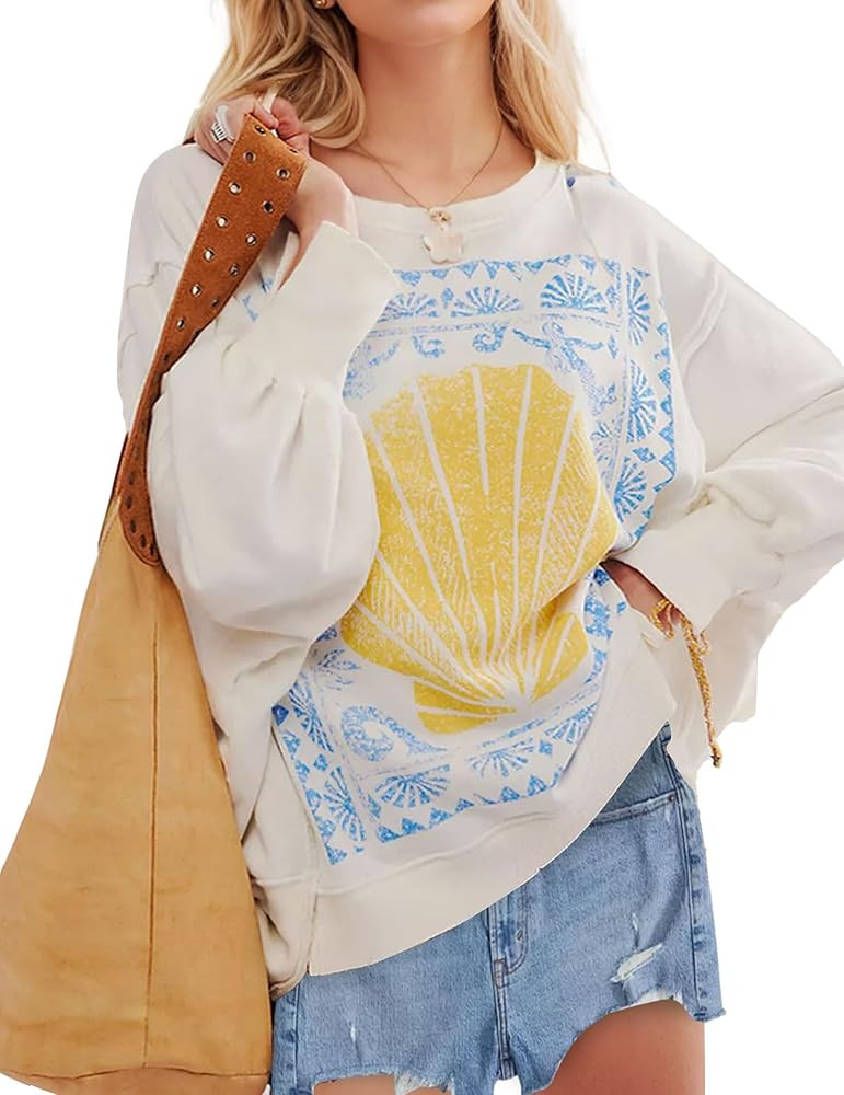 Graphic Sweatshirts for Women Oversized Crewneck Shell Print Sweatshirt Vintage High Low Split Lo... | Amazon (US)