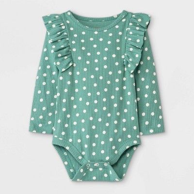 Baby Girls' Dot Rib Ruffle Long Sleeve Bodysuit - Cat & Jack™ Green | Target