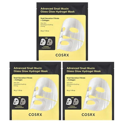 CosRx, Advanced Snail Mucin Glass Glow Hydrogel Beauty Mask, 3 Sheets, 1.19 oz (34 g) | iHerb