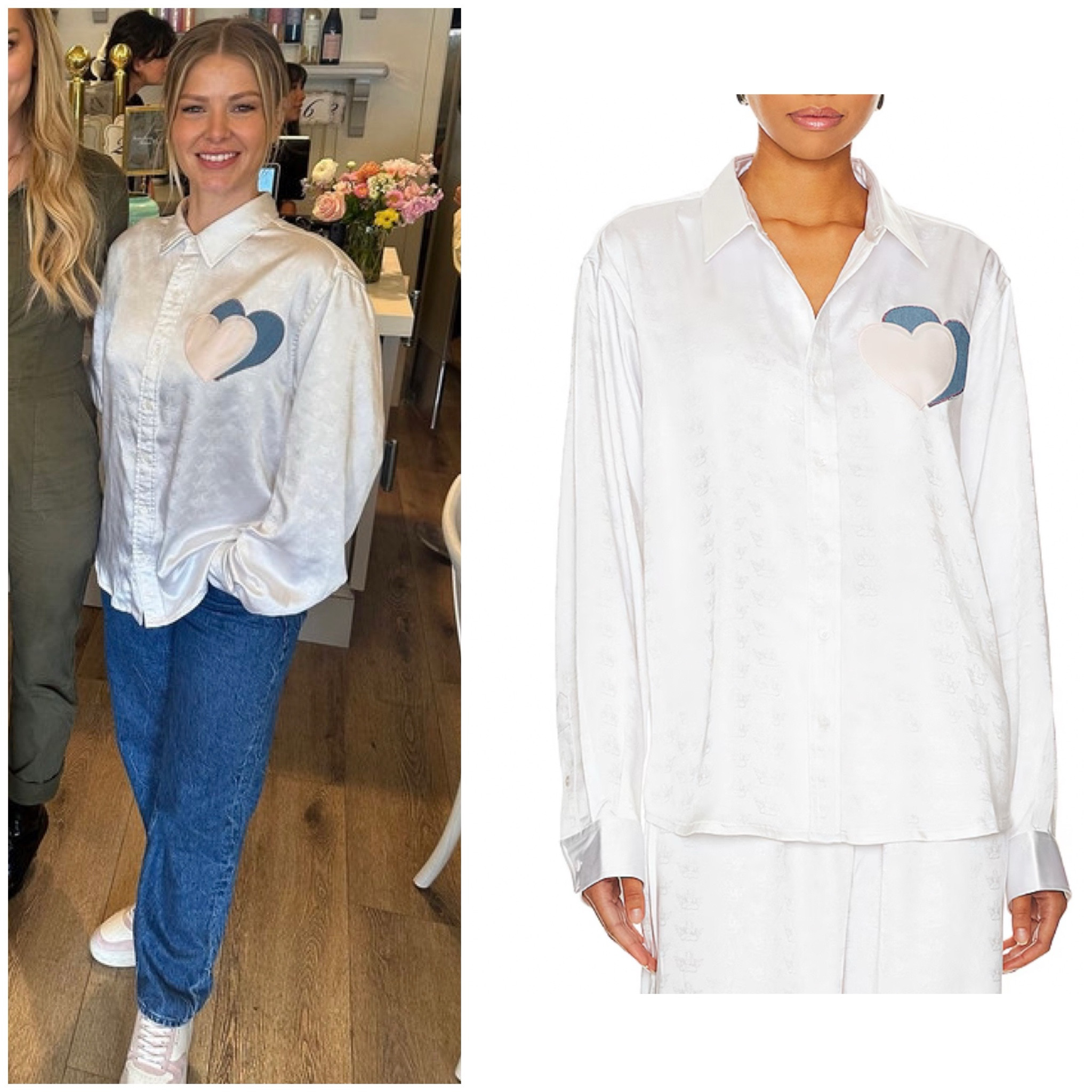Ariana Madix’s White Satin Heart Button Down Shirt 📸 = @lindshubbs