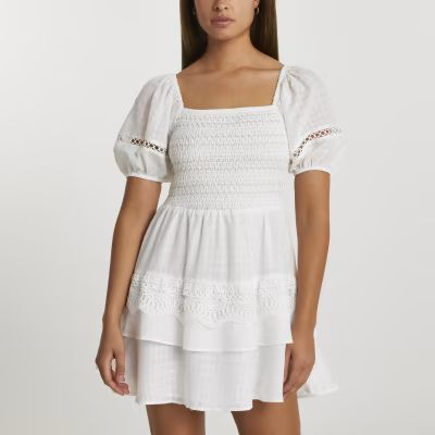 White puff sleeve check mini beach dress | River Island (UK & IE)