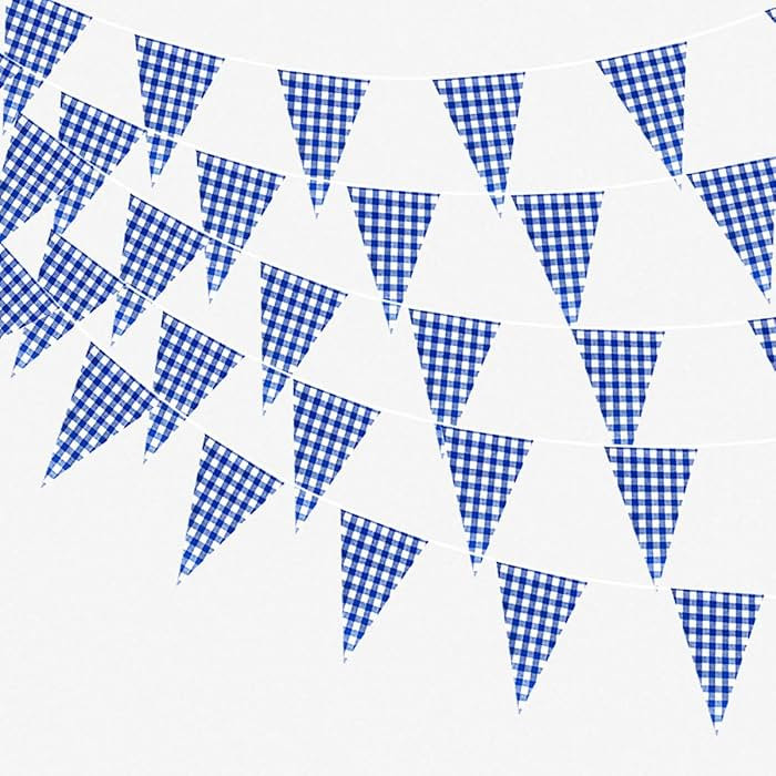 16 Meters 52ft Blue and White Cotton Fabric Checkered Party Bunting Decoration, Double Sided Tria... | Amazon (US)