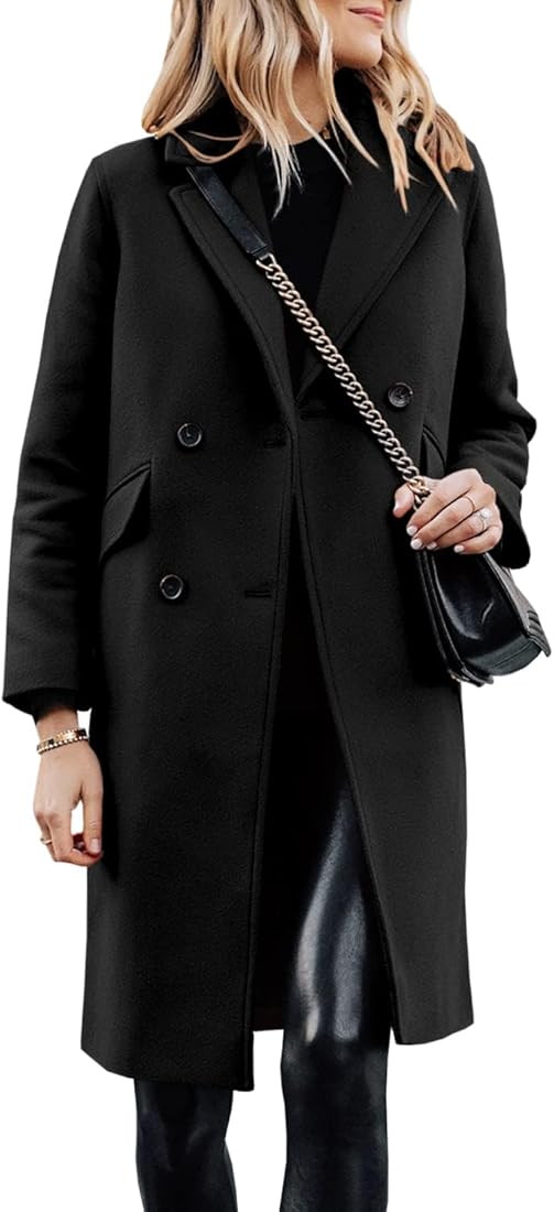 Women Lapel Collar Long Wool Pea Coat Solid Button Down Open Front Casual Overcoat Long Jacket Ou... | Amazon (US)