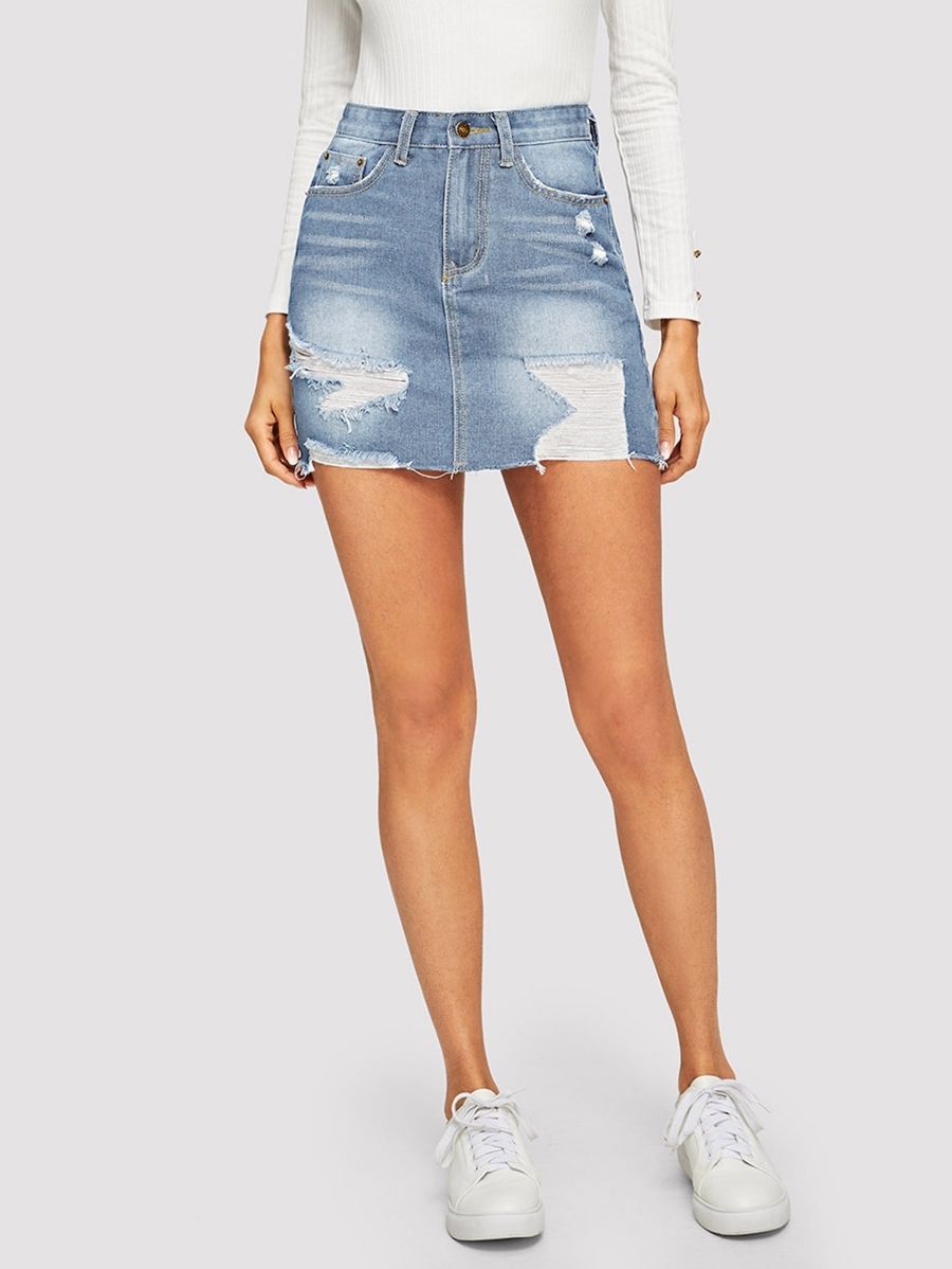 5-pocket Ripped Detail Bodycon Denim Skirt | SHEIN