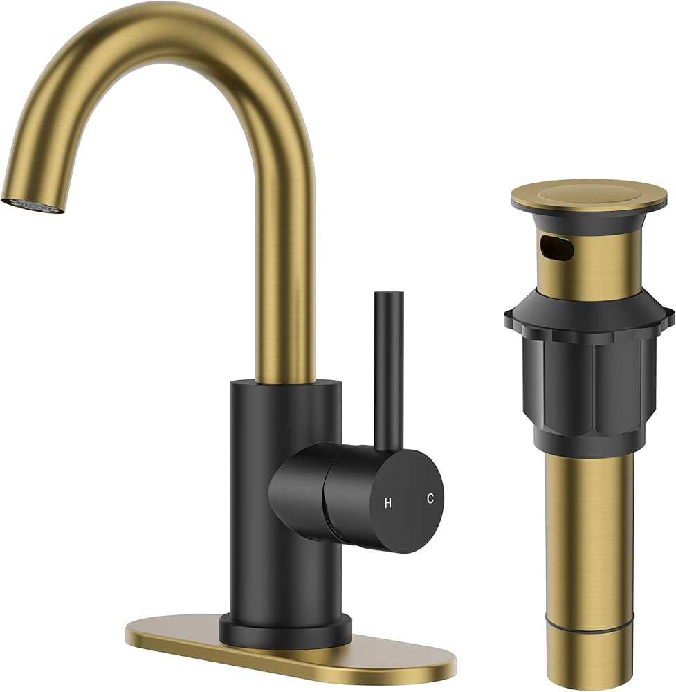 FORIOUS Black and Gold Bathroom Sink Faucet 1 or 3 Hole with Metal Pop Up Drain and Hoses, Single... | Amazon (US)