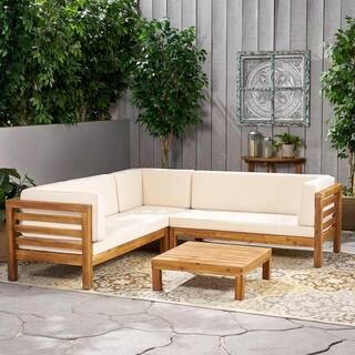 Oana Teak Brown Finish 4-Piece Wood Outdoor Sectional Set with Beige Cushions | The Home Depot