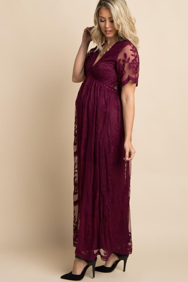 Burgundy Lace Mesh Overlay Maternity Maxi Dress | PinkBlush Maternity