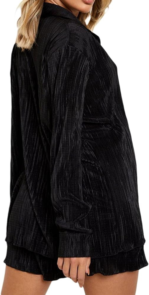 NUFIWI Women Oversized 2 Piece Outfits Pleated Long Sleeve Button Blouse Top Wide Leg Pants Sets ... | Amazon (US)