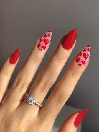 Get Glamorous With 24pcs Long Almond Red Solid Heart Pattern Fake Nail & 1sheet Tape & 1pc Nail F... | SHEIN