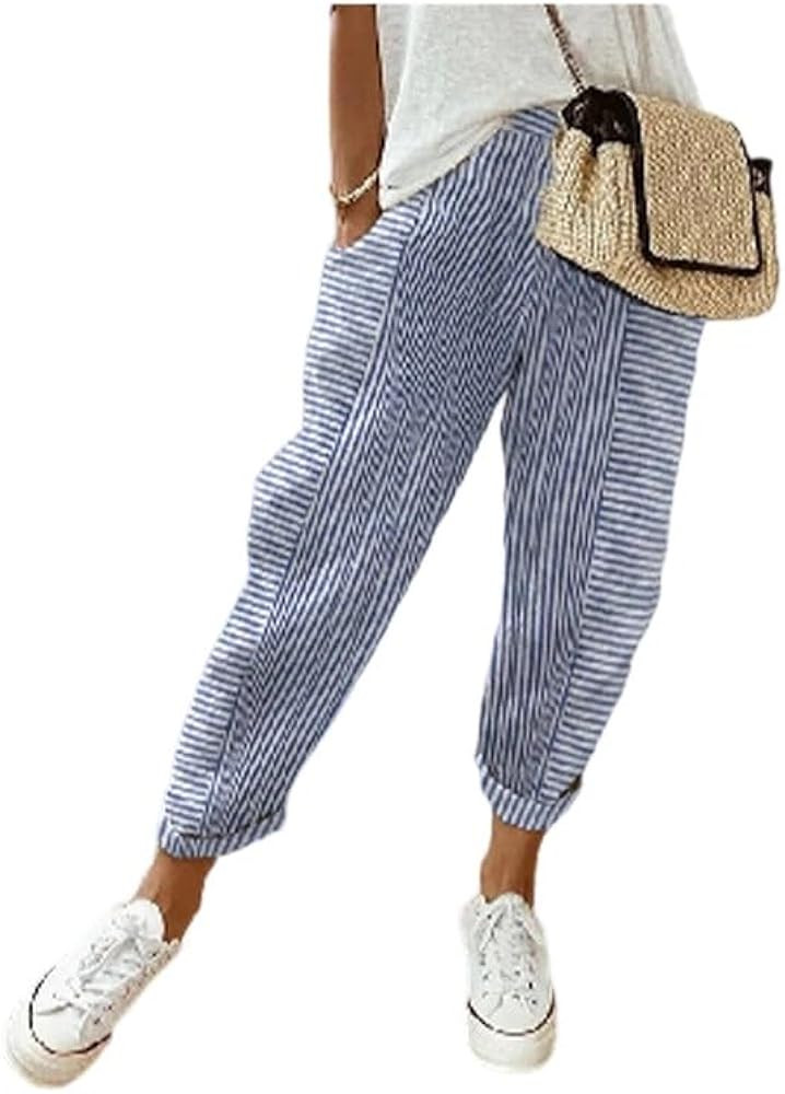 Zhyaj Fall Lounge Pant for Women Cropped Stripe Print Pants Casual Summer Beach Pants with Pocket... | Amazon (US)