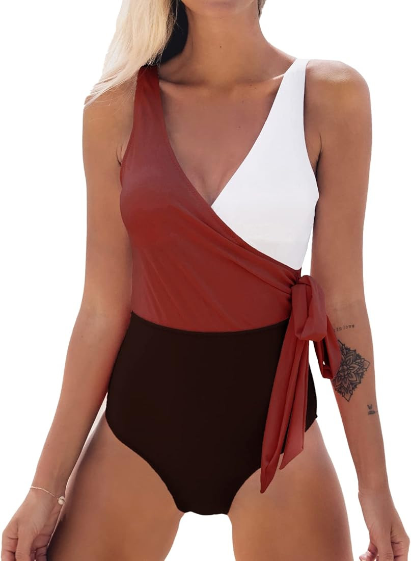 CUPSHE Women's One Piece Swimsuit Wrap Color Block Tie Side Bathing Suit | Amazon (US)