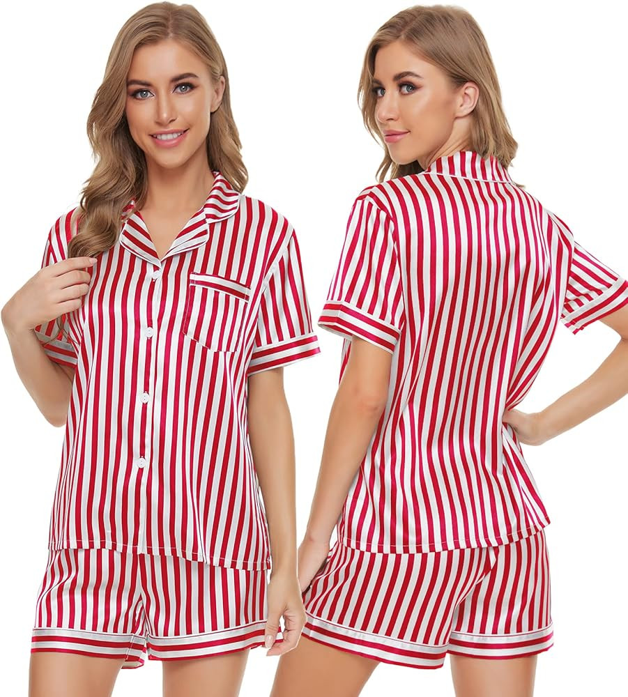 SWOMOG Womens Silk Satin Pajamas Set Two-piece Pj Sets Sleepwear Loungewear Button-Down Pj Sets | Amazon (US)