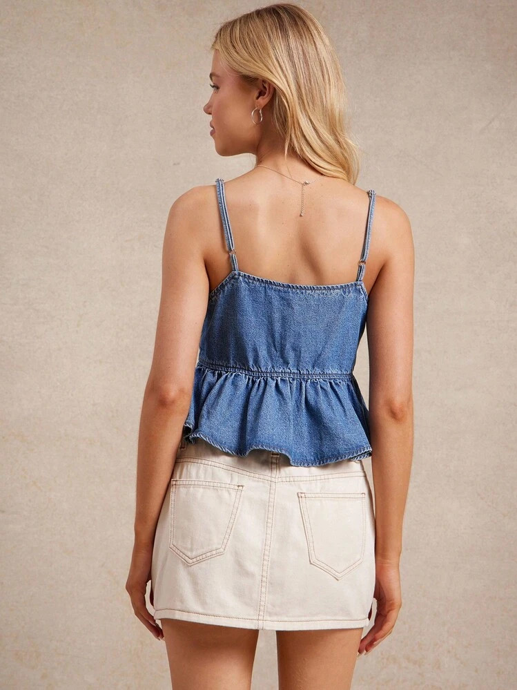WESTFADE Bow Tie Straps Fit & Flare Ruffle Peplum Cotton Blend Denim Cropped Top Summer Boho Cowg... | SHEIN
