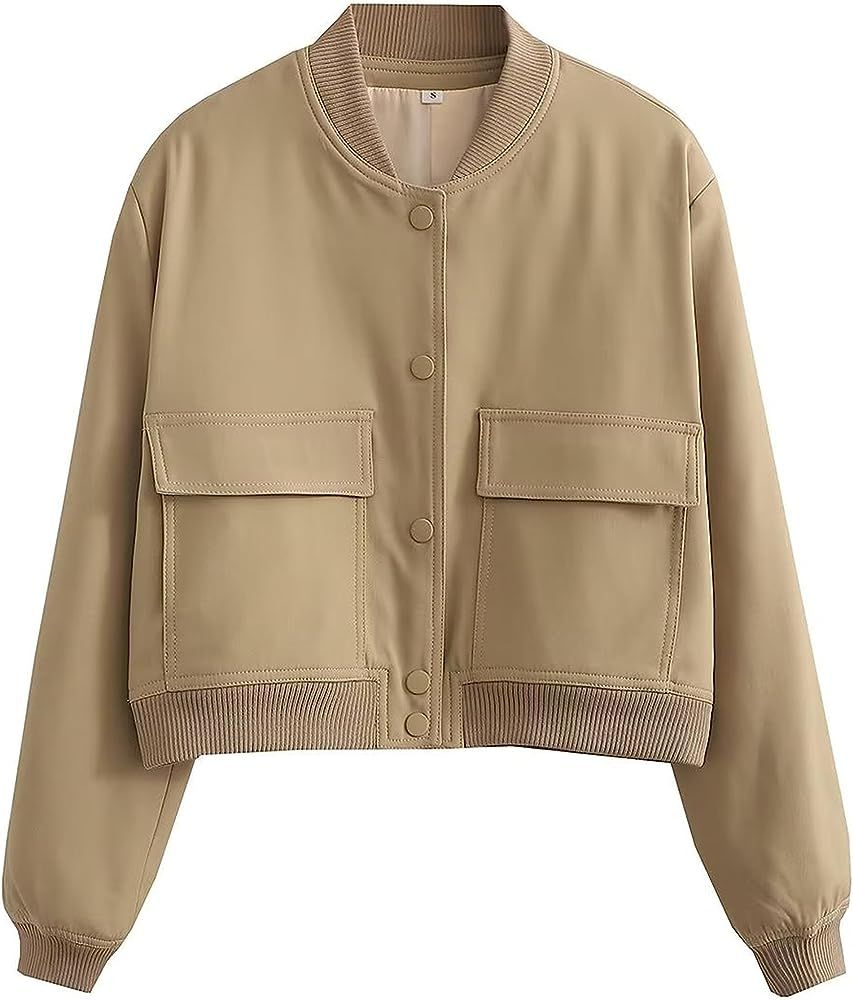 SCUSTY Women's Button Down Bomber Jacket Drop Shoulder Short Cropped Coat Outwear | Amazon (US)