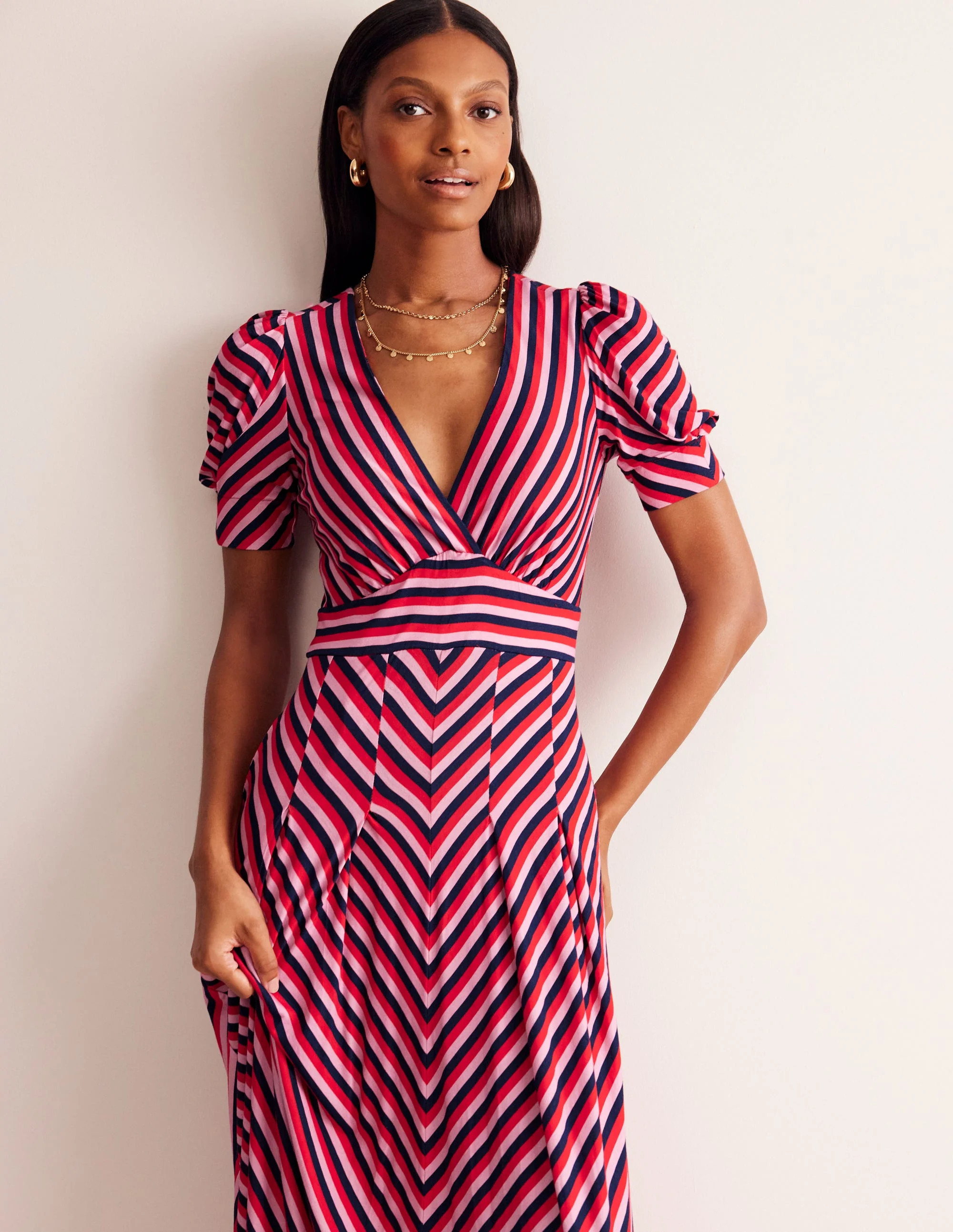 Kristen Pleated Jersey Dress-Rouge, Lilac Stripe | Boden (US)