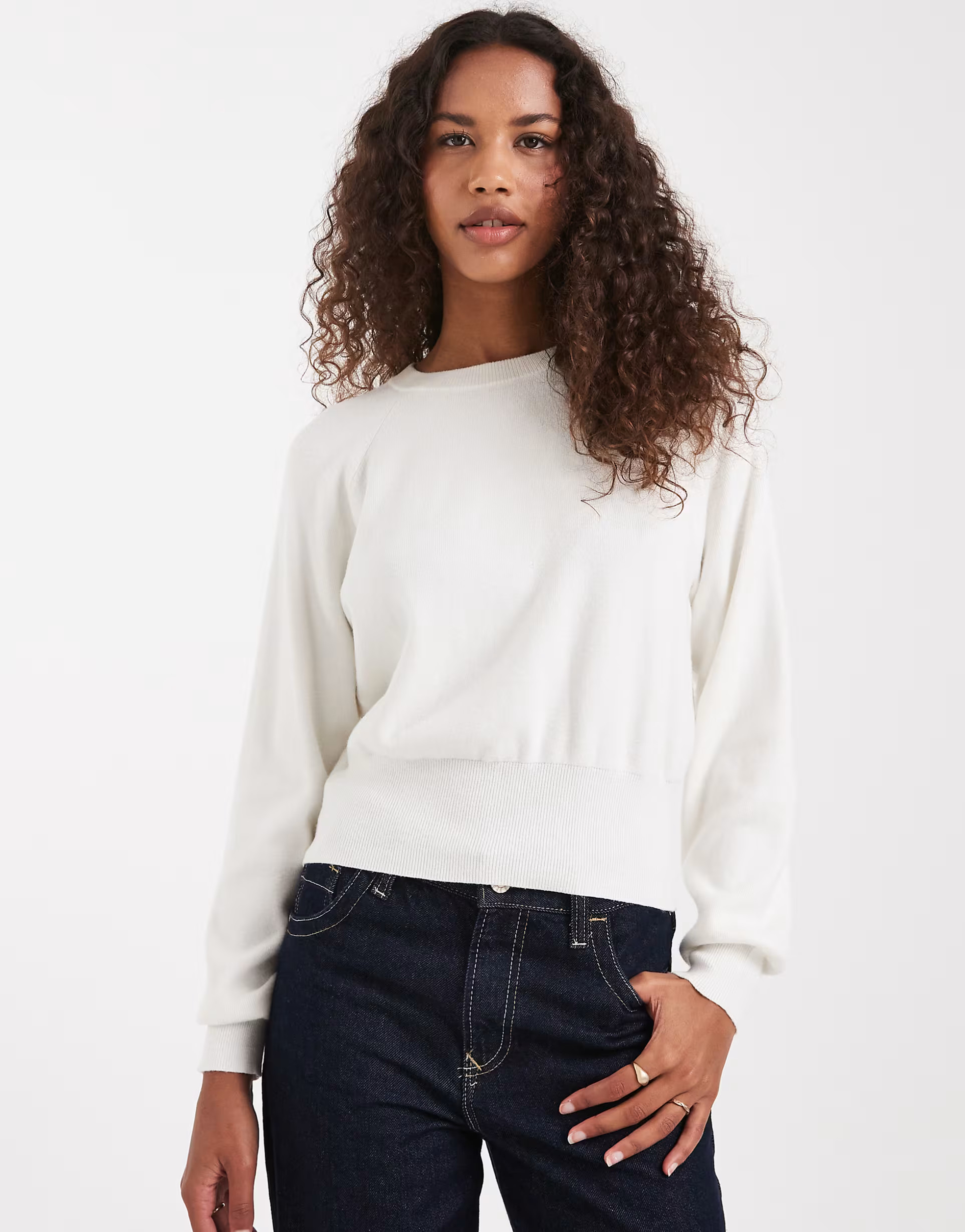 ASOS DESIGN knitted crew neck sweater with waisted detail in cream | ASOS | ASOS (Global)