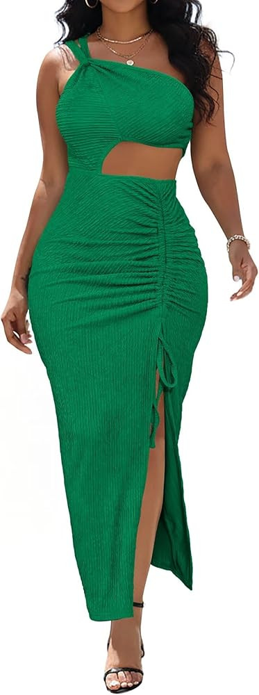 Aro Lora Womens Sexy One Shoulder Cut Out Midi Dress Ruched Side Slit Summer Beach Vacation Bodyc... | Amazon (US)