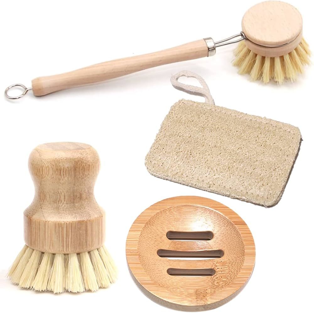 Natural Kitchen Cleaning Brush Set, 4 Pieces, Long Wooden Scrub Brush + Round Bamboo Brush + Soap... | Amazon (CA)