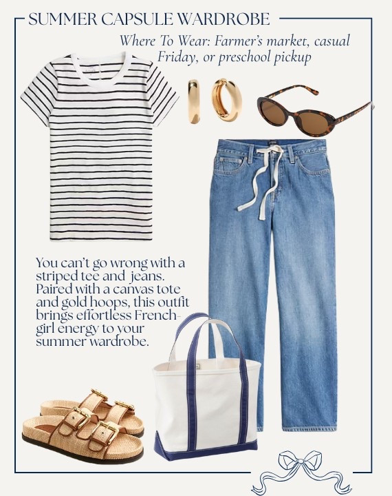 Preppy Summer Capsule Wardrobe // STRIPED TEE & RELAXED JEANS // mom outfit // You can’t go wrong with a striped tee and high-rise jeans. Paired with a canvas tote and gold hoops, this outfit brings effortless French-girl energy to your summer wardrobe. 

#LTKSeasonal #LTKStyleTip
