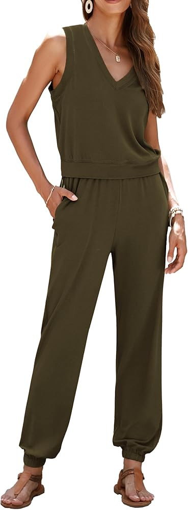 PRETTYGARDEN Womens V Neck Tank Top Jogger Sweatpants Set | Amazon (US)