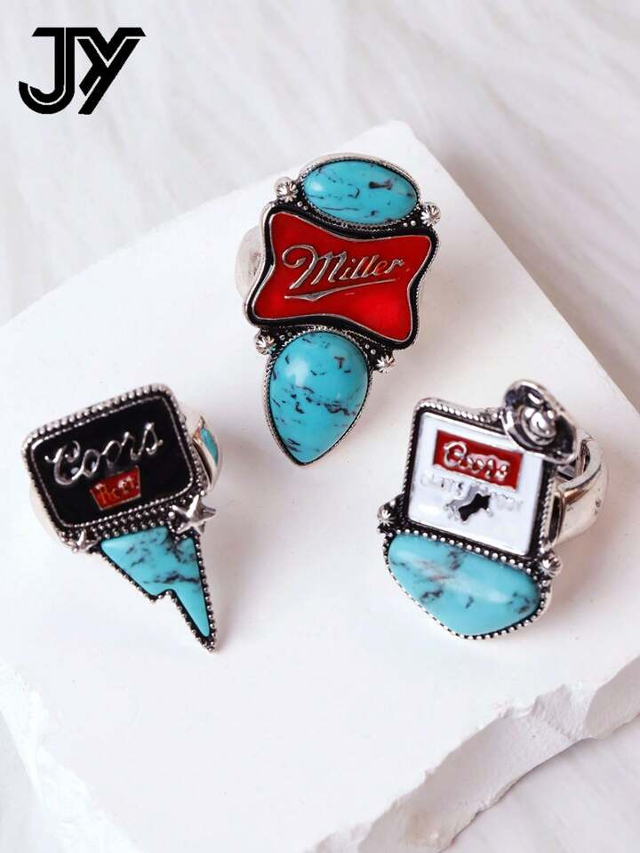 1pc Unisex Western Cowboy Style Turquoise Enamel Craft Asymmetrical Shape Ring, Vintage | SHEIN
