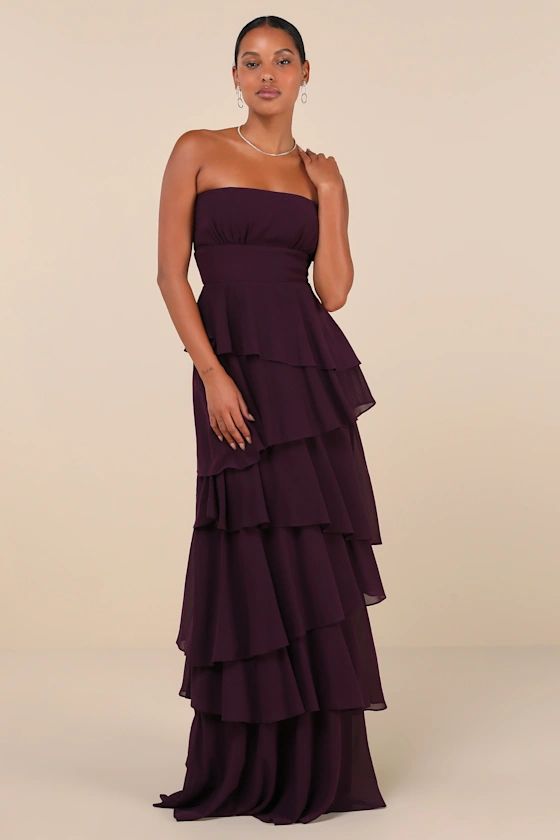 Gorgeous Essence Dark Purple Strapless Tiered Maxi Dress | Lulus