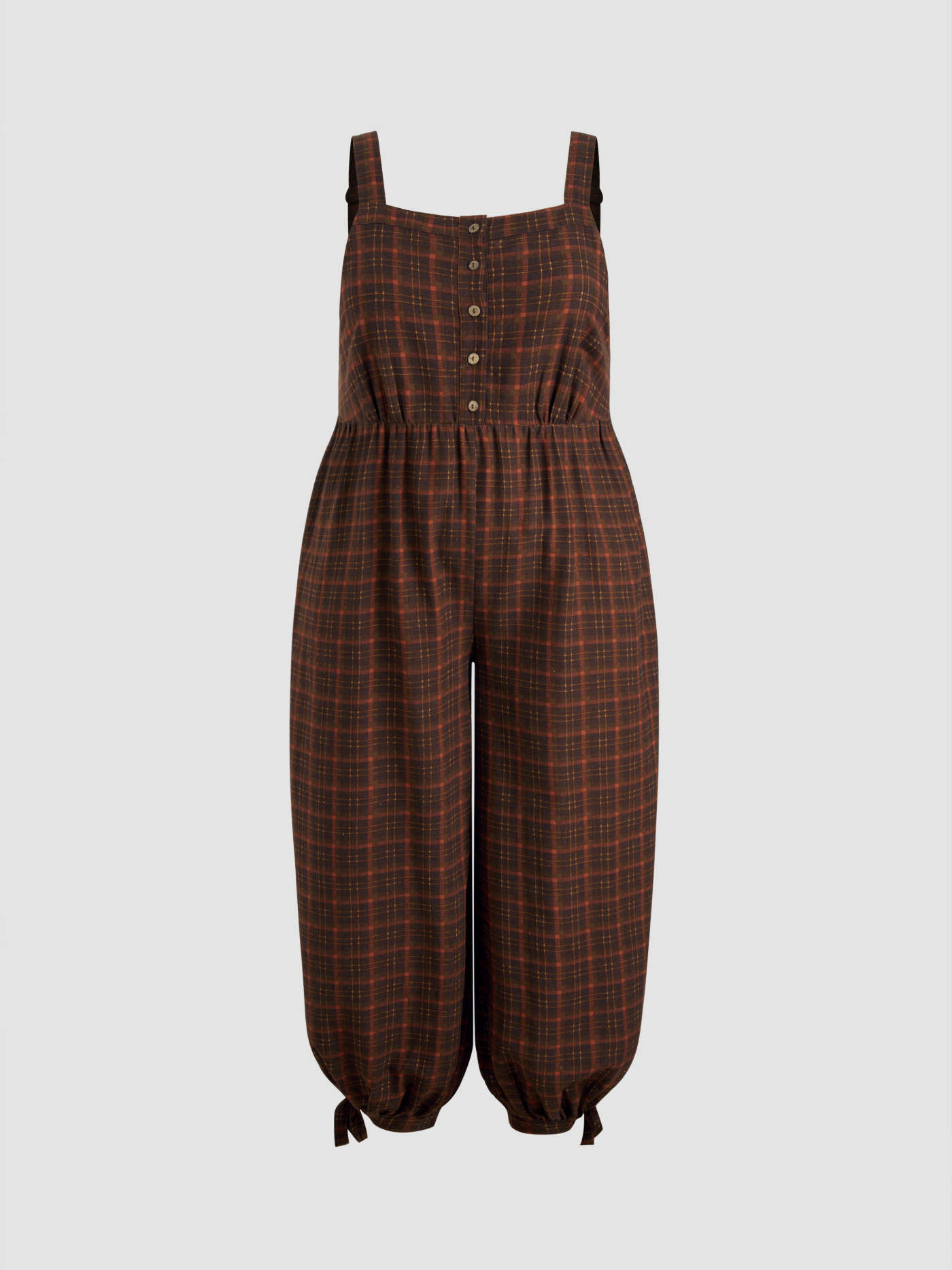 100% Cotton Square Neck Check Knotted Jogger Jumpsuit Curve & Plus | Cider