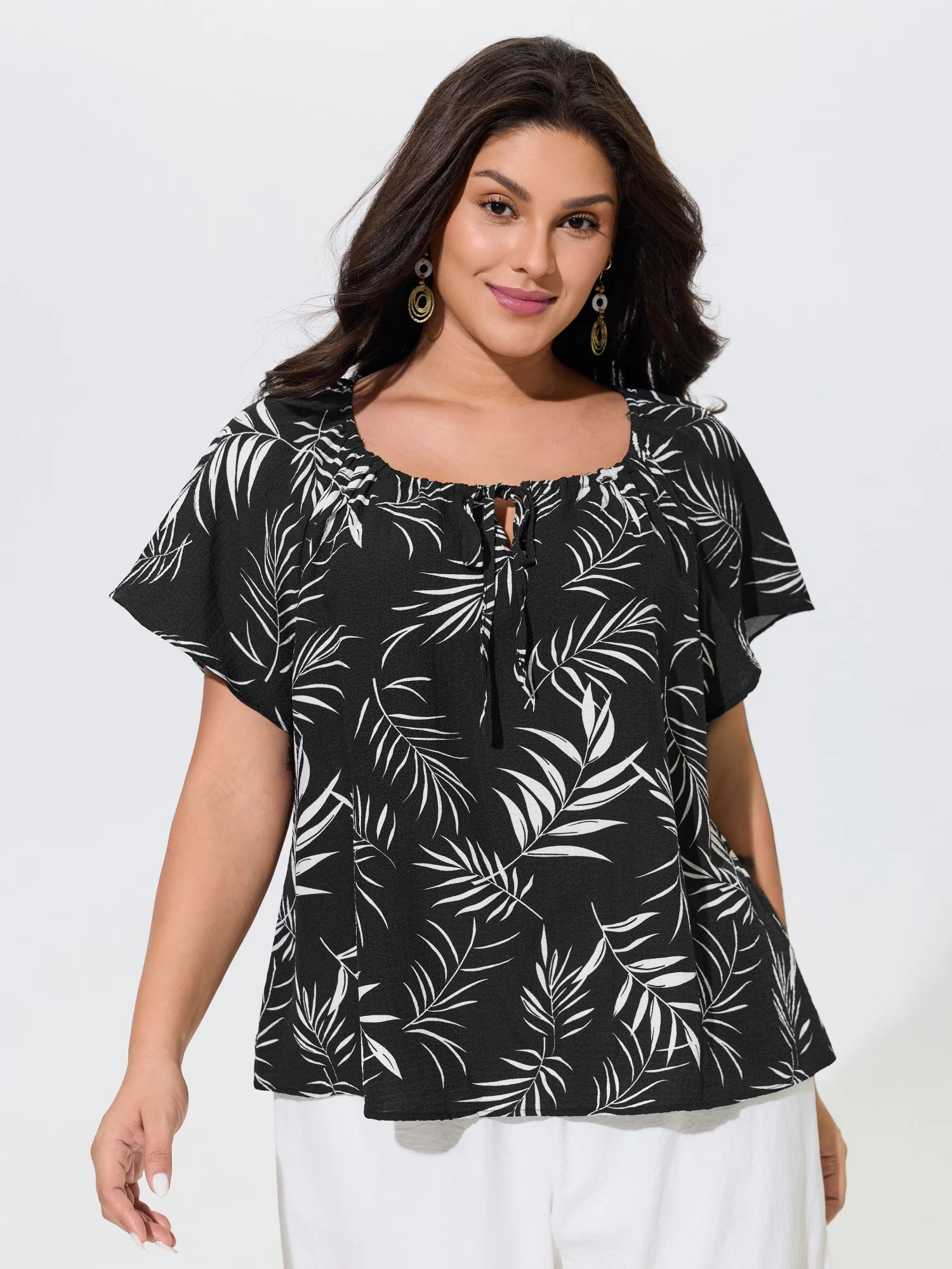 Palm Leaf Print Drawstring Neck Blouse | Bloomchic
