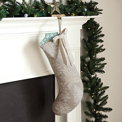Embroidered Stocking with Ivory Flocked Trees & Velvet Bow Accent | Ballard Designs, Inc.